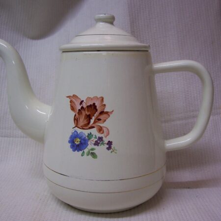 Snoezig, antiek, emaille koffiepotje met rose en blauwe bloempjes