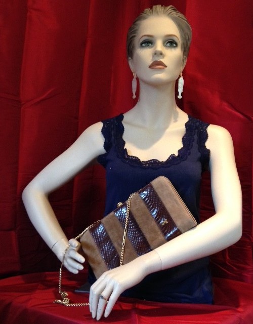Seventies Melluso Italy retro clutch van suede en slangenleer