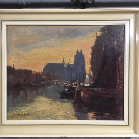 Impressionistisch schilderij "haven en gezicht op Dordrecht"