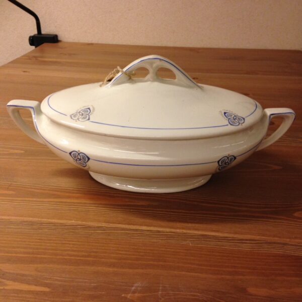 Antieke porseleinen dekschaal met blauw decor uit de jaren 1910 - Afbeelding 3
