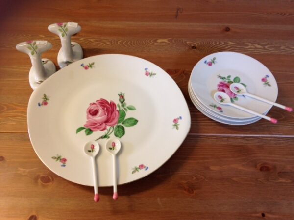Brocante porseleinen servies met porselein lepels vol roze roosjes - Afbeelding 3