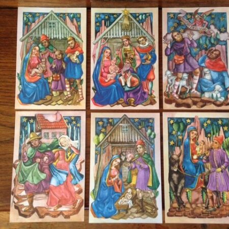 Set van 6 oude antieke Kerst ansichtkaarten uit de jaren 1950 Missiehuis niet gelopen