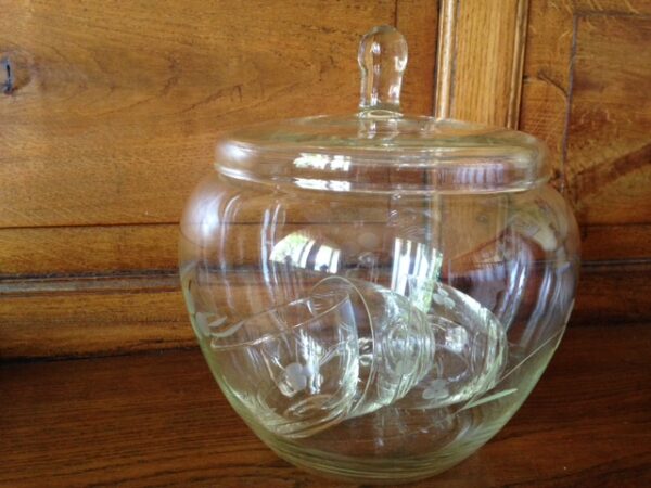 Glazen geetste bowlpot met 4 bekers uit de sixty's - Afbeelding 3