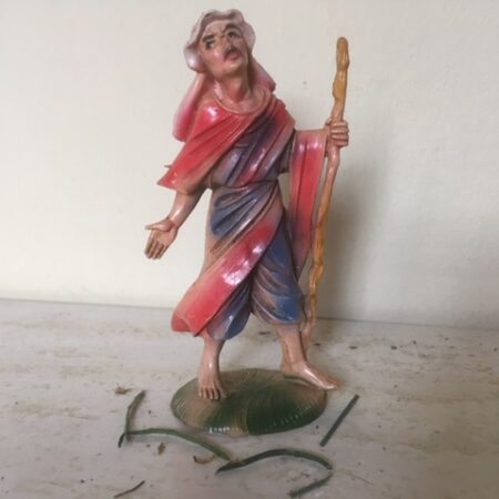 Oude antieke Kerst herder met stok van early plastic uit de jaren 1950-1960