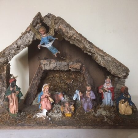 10 delige oude antieke early plastic kerstgroep in kerststal uit de jaren 1950-1960