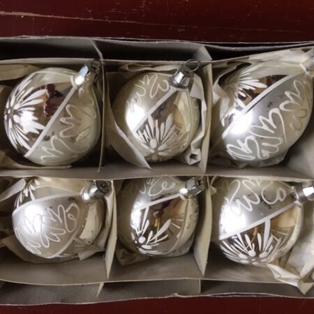 6 antieke oude druppel kerstballen in doos van dun geblazen glas 1e helft 1900