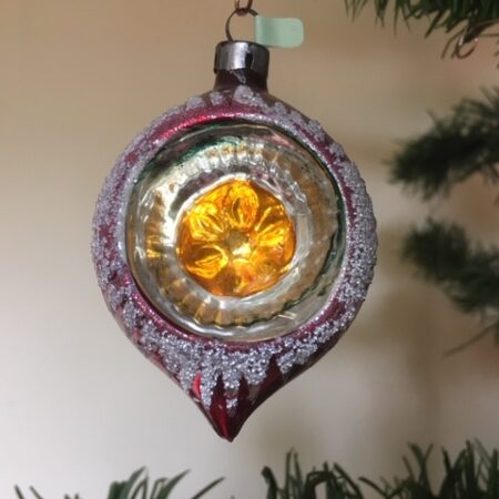 Antieke oude druppel reflex of krater kerstbal van dun geblazen glas 1e kwart vorige eeuw (gr)