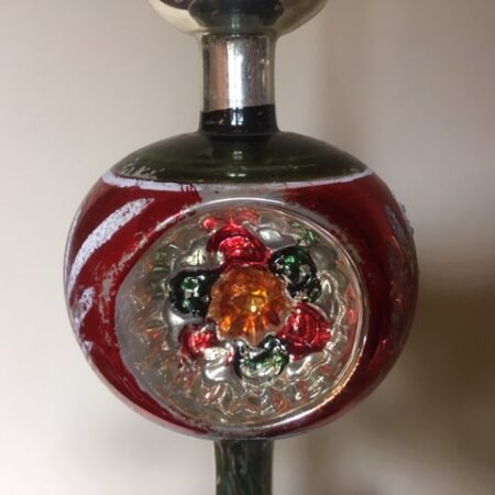 Antieke oude piek met 3 kraters van dun geblazen glas in rood, geel en groen