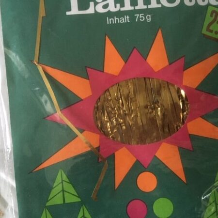 Verpakking van 122 gram "Echtes Stanniol lametta" in goud jaren 1970