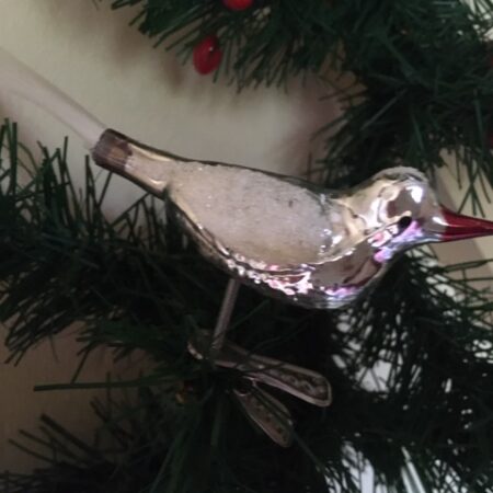 Oude antieke Kerst vogel van dun geblazen glas in zilver midden vorige eeuw