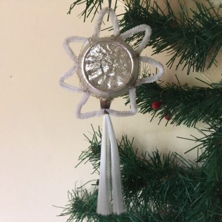 Antieke oude kerstster in zilver met staart, draadwerk en chenille begin 1900