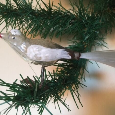 Antieke Kerstvogel van dun geblazen glas met mooi zilver patine 1e kwart 1900