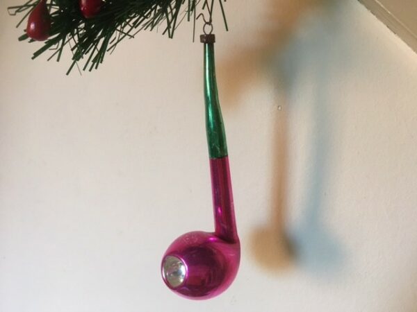 Antieke, bijzondere, kerstbal een pijp van dun geblazen glas in roze en groen begin 1900 - Afbeelding 2