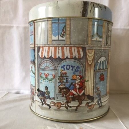 Groot vintage voorraad Kerst blik met Kerst voorstelling die voorbij trekt