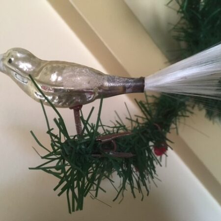 Antieke oude kerstvogel in zilver en wit 1e helft 1900