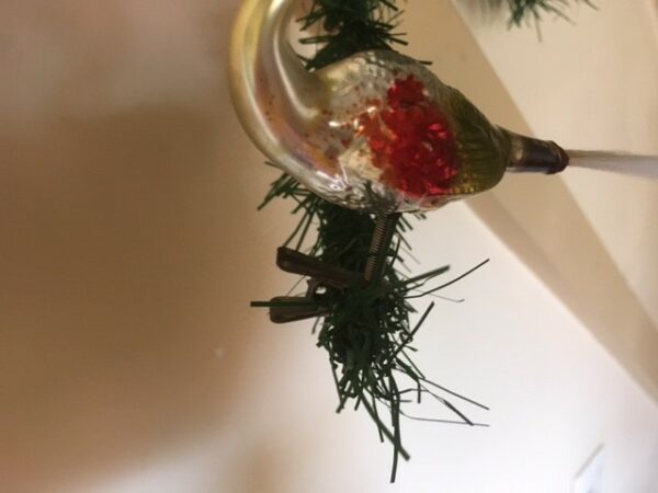 Antieke oude Kerst vogel een gans van dun geblazen glas in zilver, rood en mosgroen   1e helft 1900 - Afbeelding 4