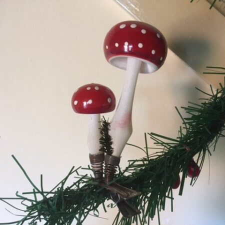 Antiek stel paddenstoelen van dun geblazen glas op 1 klem of veer 1e kwart 1900