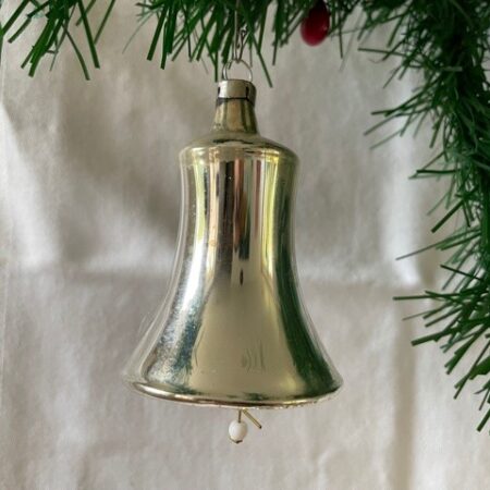 Antieke oude kerstklok met klepel van dun geblazen glas in zilver 1e kwart 1900