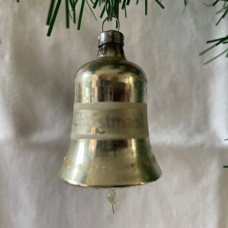 Antieke kleine kerstklok van dun geblazen glas en "merry christmas" 1e helft 1900