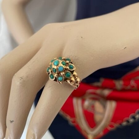 14 kt. geelgouden bloem ring met 15 x turkoois