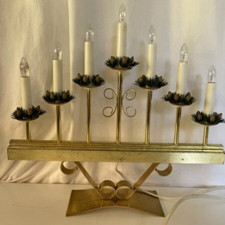 Messing Kerstkandelaar met 7 kaarsjes in de Hollywood Regency stijl uit jaren 1950