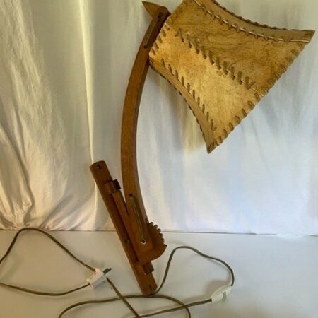 1960 design teak houten boog wandlamp met leren kap