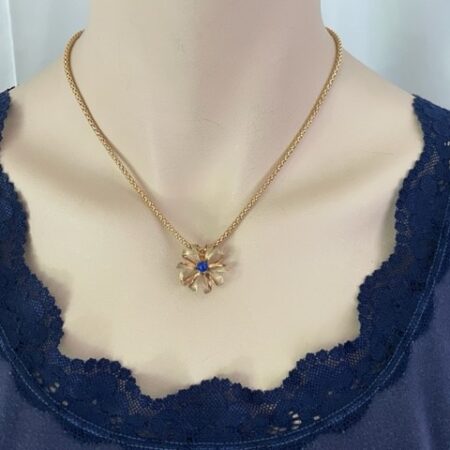 Geelgouden 14 kt. popcorn collier met broche of hanger met strik en lapis lazuli bol 1960