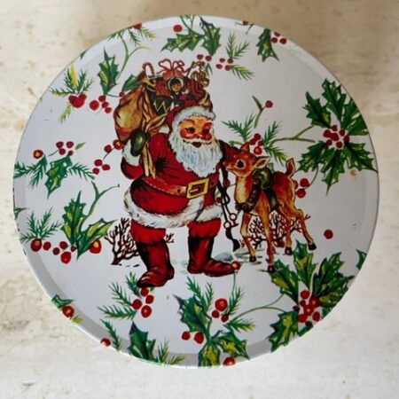 Mini pastille Kerst blikje met een hertje en de kerstman in het hulst 1950-1960