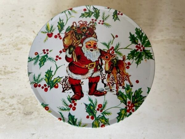 Mini pastille Kerst blikje met een hertje en de kerstman in het hulst 1950-1960