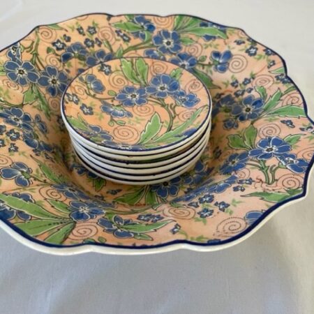 7 delige antieke petit four set van Societe Ceramique decor 4099 in roze, blauw en groen