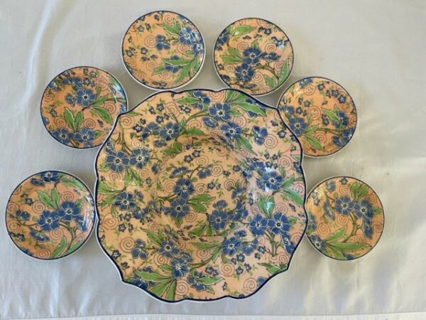 7 delige antieke petit four set van Societe Ceramique decor 4099 in roze, blauw en groen - Afbeelding 2