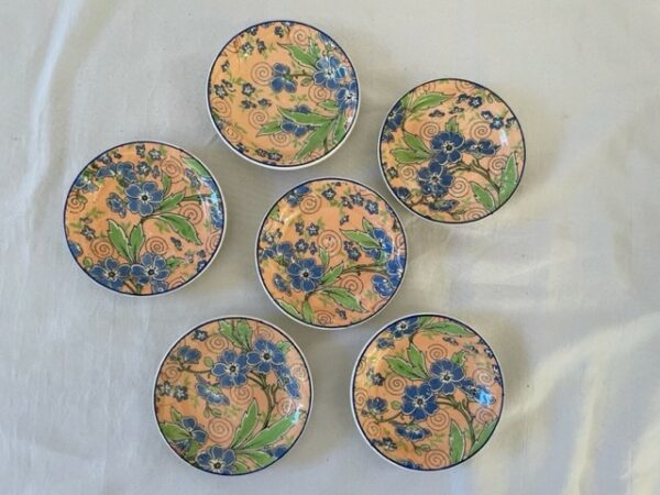 7 delige antieke petit four set van Societe Ceramique decor 4099 in roze, blauw en groen - Afbeelding 5