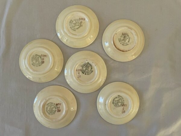 7 delige antieke petit four set van Societe Ceramique decor 4099 in roze, blauw en groen - Afbeelding 6