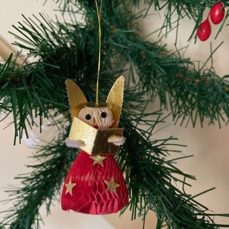 Oude antieke, retro honeycomb Kerst engel in rood en goud midden vorige eeuw