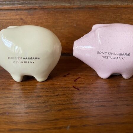 Pastel kleurig peper en zoutstel van de bondsspaarbank gezinsbank 1950-1960