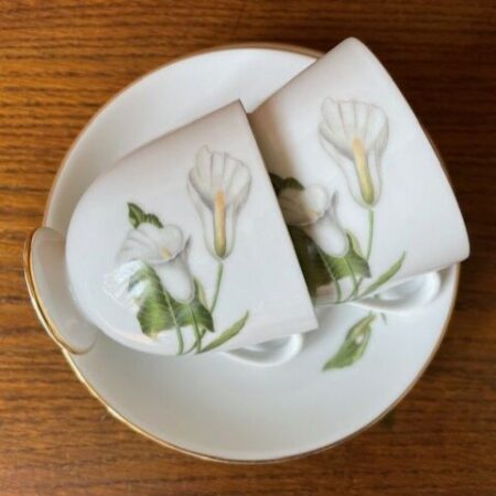 Paar porseleinen kop en schotels van Furstenberg met decor van Calla's in groen en wit
