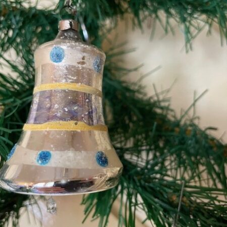 Antieke oude kerstklok met klepel in zilver en blauw 1e helft 1900