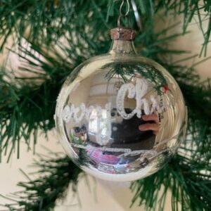 Antieke oude kerstbal van dun geblazen glas met voorstelling en tekst "merry christmas" - Image 2