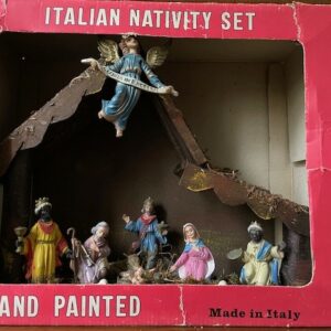 Oude antieke Kerststal met 11 delige nativity set van early plastics in originele doos - Image 11