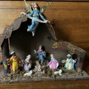 Oude antieke Kerststal met 11 delige nativity set van early plastics in originele doos - Image 5