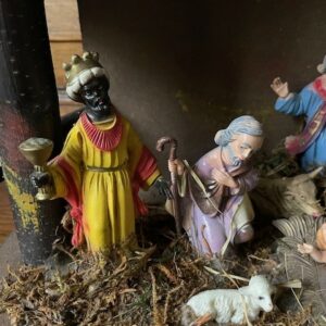 Oude antieke Kerststal met 11 delige nativity set van early plastics in originele doos - Image 8