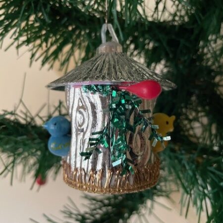 Retro Kerst vogelkooi met 2 vogels van plastic 1960