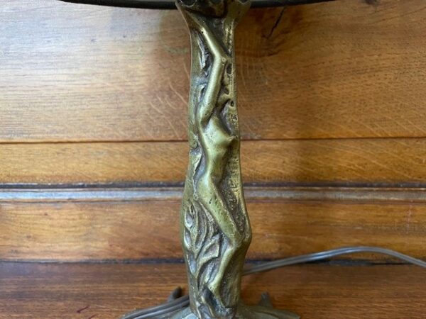 Koperen art nouveau stijl tafellamp met bruine kap - Afbeelding 10