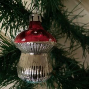 Oude antieke paddenstoel van dun geblazen glas in zilver, rood en groen midden 1900 - Afbeelding 3