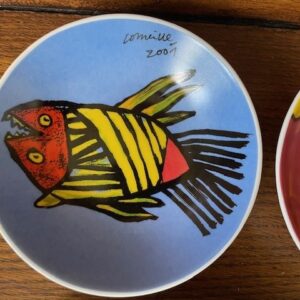 4 bordjes met beschildering van vissen, vogels en poezen door Corneille 2001 - Afbeelding 4