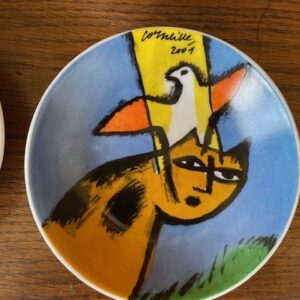 4 bordjes met beschildering van vissen, vogels en poezen door Corneille 2001 - Afbeelding 2