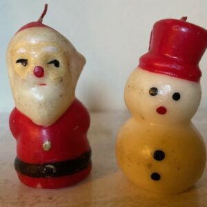 Lieflijk stel antieke kerstkaarsjes een sneeuwpop en kerstman van Gurley USA