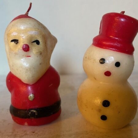 Lieflijk stel antieke kerstkaarsjes een sneeuwpop en kerstman van Gurley USA