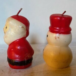 Lieflijk stel antieke kerstkaarsjes een sneeuwpop en kerstman van Gurley USA - Afbeelding 3