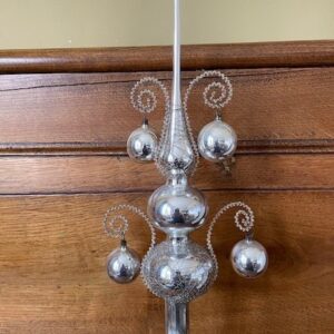 Antieke oude Kerst piek met 4 ballen aan leonisch draad van dun geblazen glas in zilver 1950-1960 - Afbeelding 10